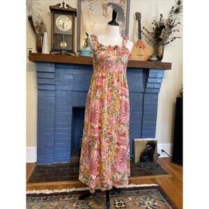 Banjanan M Alexa Floral Pink Green Maxi Tank Ruffle 100% Cotton Dress India Boho